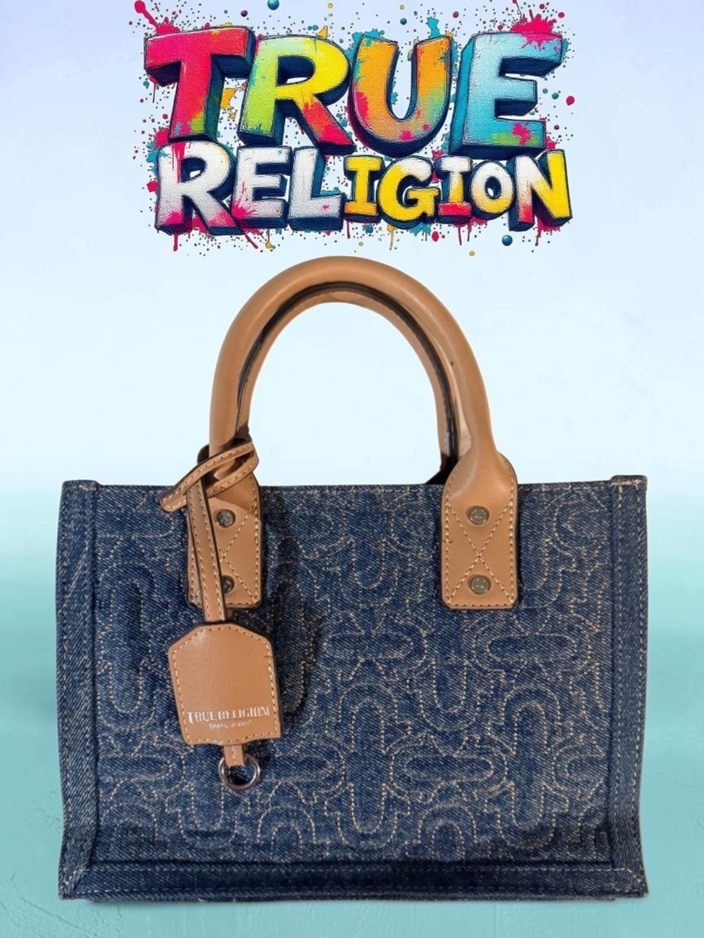True Religion Denim Logo Satchel with Tan Leather Trim